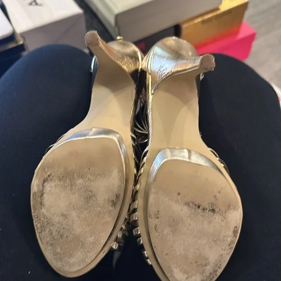 Gold strapped high heels with zippered back. - Picture 6 of 6